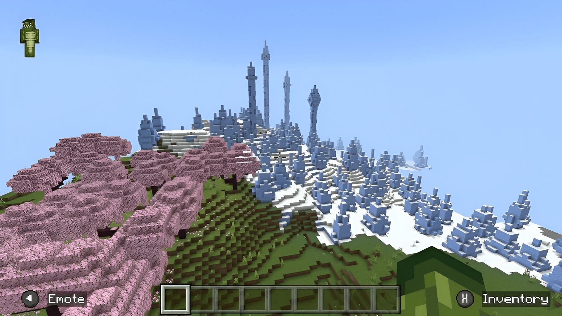 Cherry groves, ice spikes, and even a village rest in this Minecraft seed's spawn (Image via Grieving_gecko/Reddit)